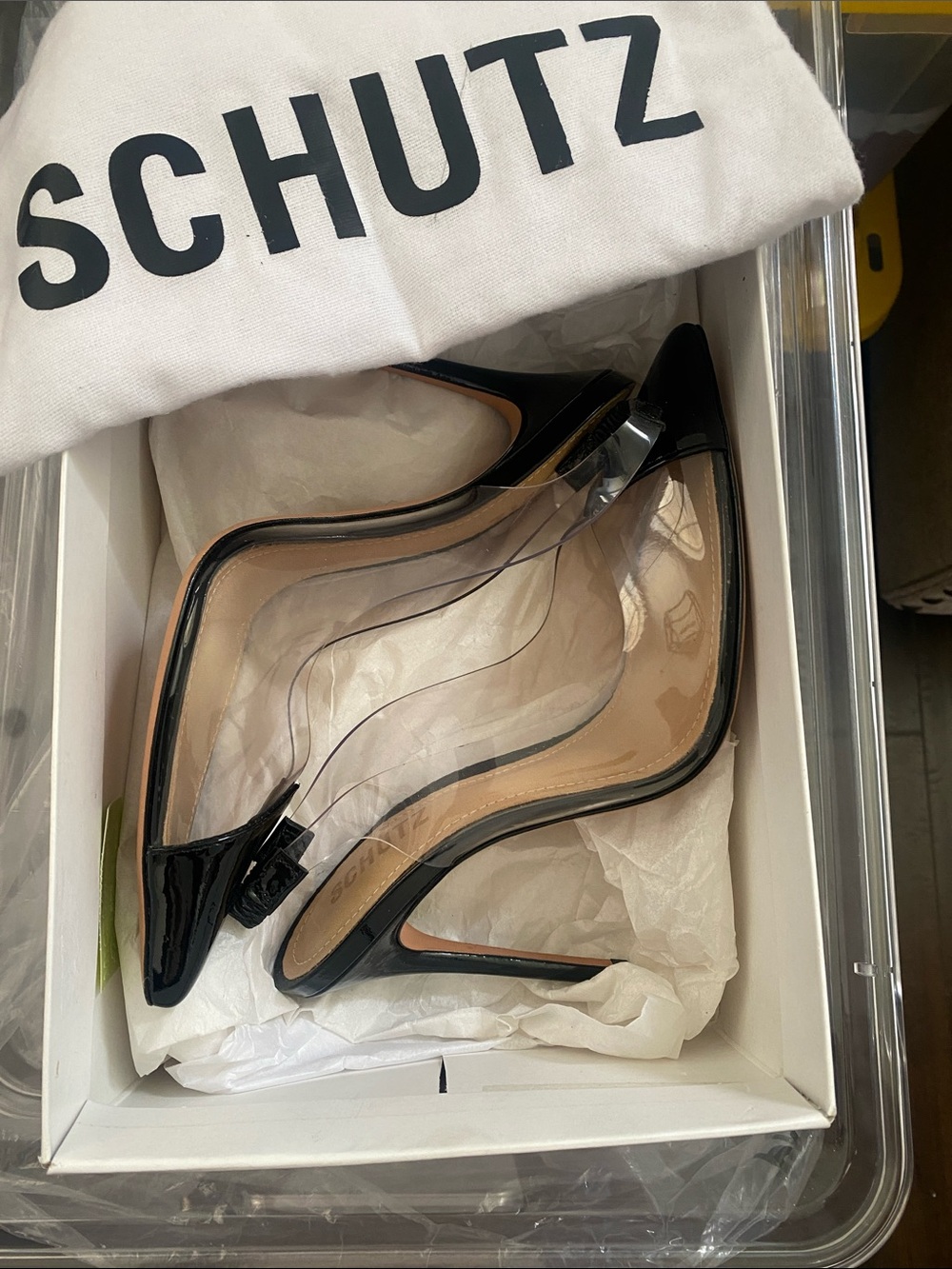 SCHUTZ Black Patent & Clear Pointed Toe Stiletto Pumps -NIB!